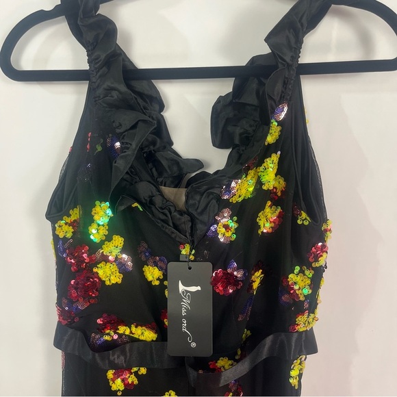 Lin Lin Q Miss Ord Black Floral Sequin Plunge Neck Dress Size XL NWT - Picture 7 of 10